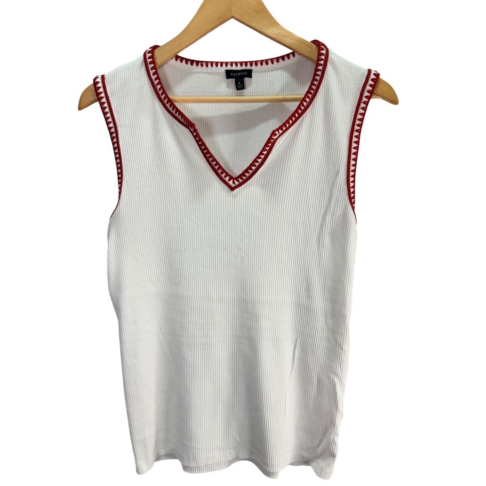 Talbots Tank Knit Top Womens M White Red Trim Ribbed V-Neck Shell Preppy Coastal